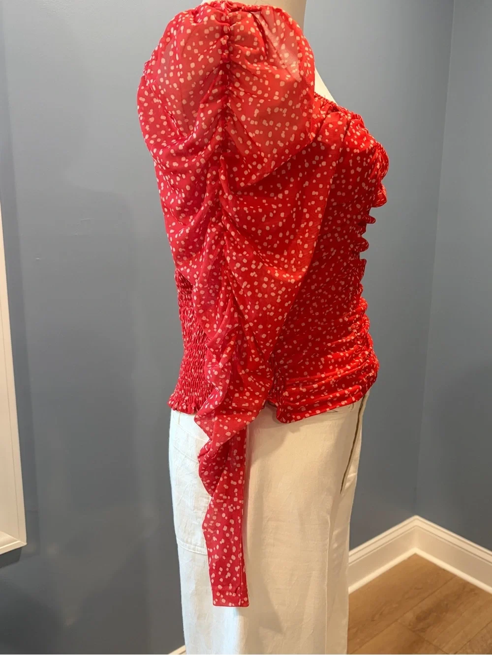 Maeve by Anthropologie Ruched Mesh Polka Dot Top Medium